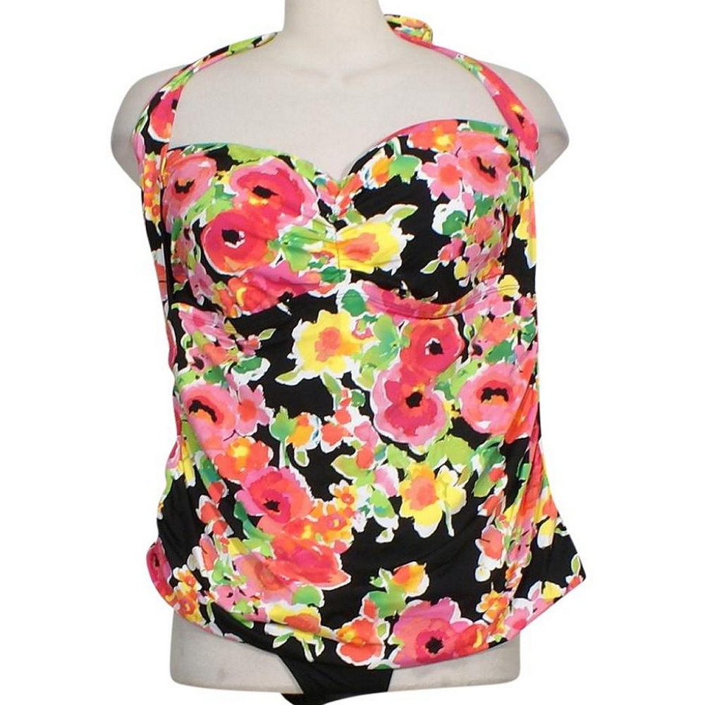 Black Brilliant Floral Halter Tankini Swimsuit 20W